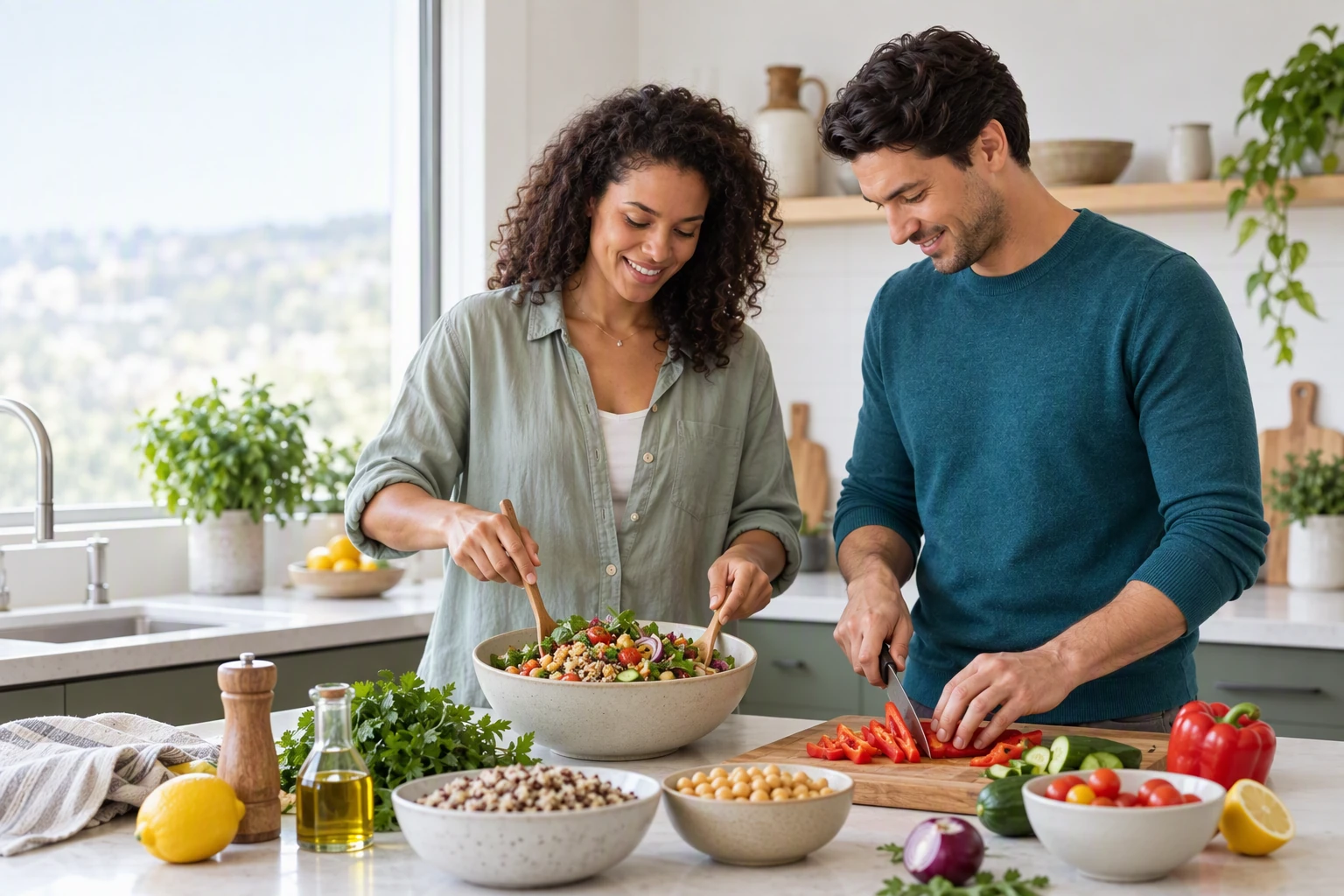 A couple preparing a meal together