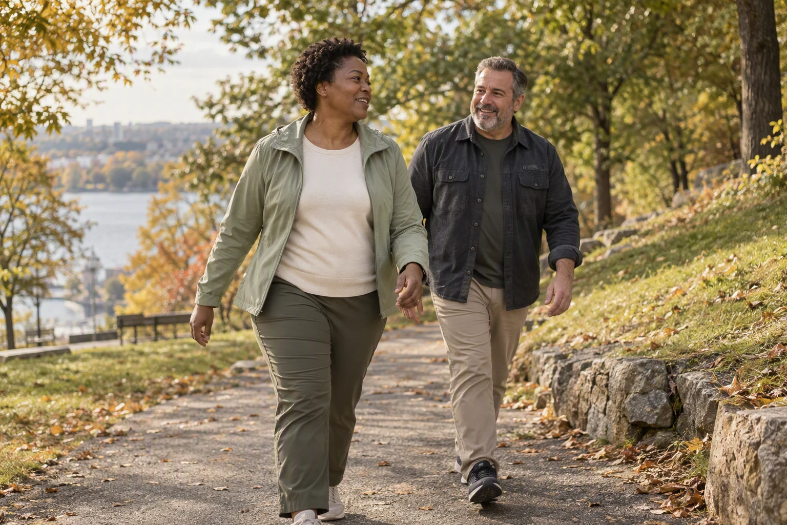 A couple walking together outdoors