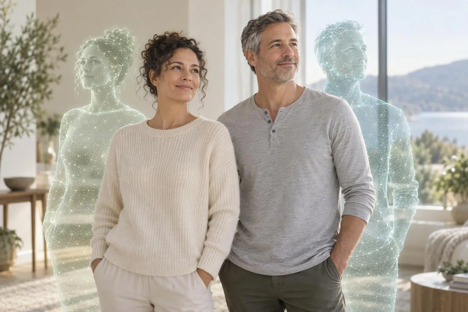 A woman and a man, each beside their virtual twin